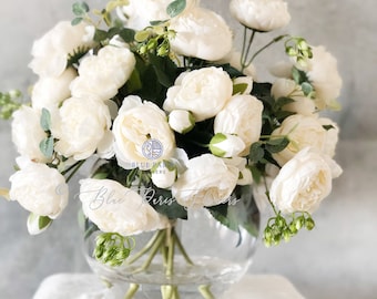 X-Large White Rose Peony Arrangement, Artificial Faux Centerpiece, Silk Flowers in Glass Vase for Home Decor