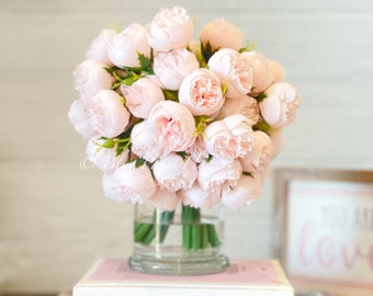 Light Pink 54 Smaller Head Peonies, Centerpiece, Faux Flower Arrangement | French Country | Arrangement in Clear Glass Vase | Modern Style