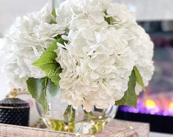 Hortensia blanc Real Touch dans un vase, composition florale artificielle de fausses fleurs, fausses fleurs dans un vase, dans de l&#39;eau acrylique transparente, décoration d&#39;intérieur
