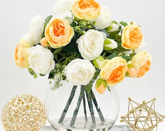 X-Large Yellow & White Faux Rose Peony Arrangement in Glass Vase