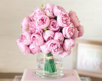 Pink 54 Smaller Head Peonies, Centerpiece, Faux Flower Arrangement | French Country | Arrangement in Clear Glass Vase | Modern Style