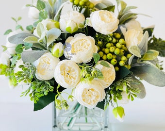 Large White Rose Peony, Berries with Greenery Arrangement, Artificial Faux Centerpiece, French Silk Floral Flowers Glass Vase for Home Decor