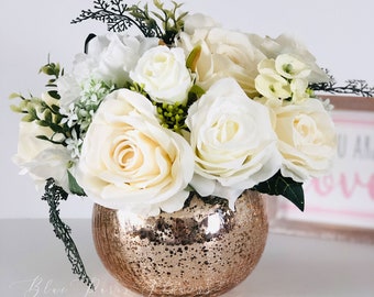 White Roses Faux Flower Arrangement, Floral Home Decor | Silk Artificial Centerpiece in Gold Vase
