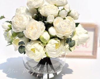White Peony Arrangement, Artificial Faux Centerpiece, Silk Flowers in Glass Vase Home Decor