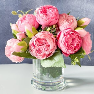 Pink Rose Peony Arrangement, Artificial Faux Table Centerpiece, Faux Florals, Silk Flowers Arrangement in Glass Vase by Blue Paris image 1