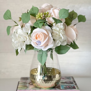 Light Blush Pink Roses, White Hydrangea | Floral Artificial Faux Arrangement, Table Centerpiece, Silk Floral Home or Office Decor, Flowers