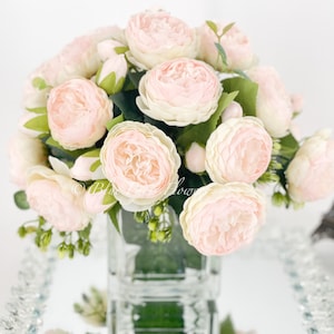 Baby Pink Rose Peony Arrangement, Artificial Faux Centerpiece, Faux Florals, Silk Flowers in Glass Vase by Blue Paris