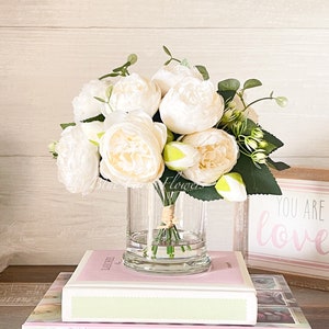 White Rose Peony Arrangement, Artificial Faux Centerpiece, Silk Flowers in Glass Vase for Home Decor Designed by Blue Paris Flowers