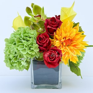 Faux Flower Arrangement, Dahlias, Roses, Greens in Vase, Floral Decor Real Touch Centerpiece, Faux Artificial Flowers Silk Arrangement Gift