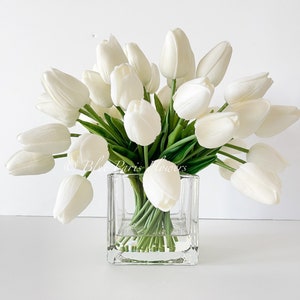 White Tulips 30 Floral | Modern Arrangement | Realistic Touch | Artificial Faux Forever Fake Flowers in Glass Vase for Home Decor Blue Paris