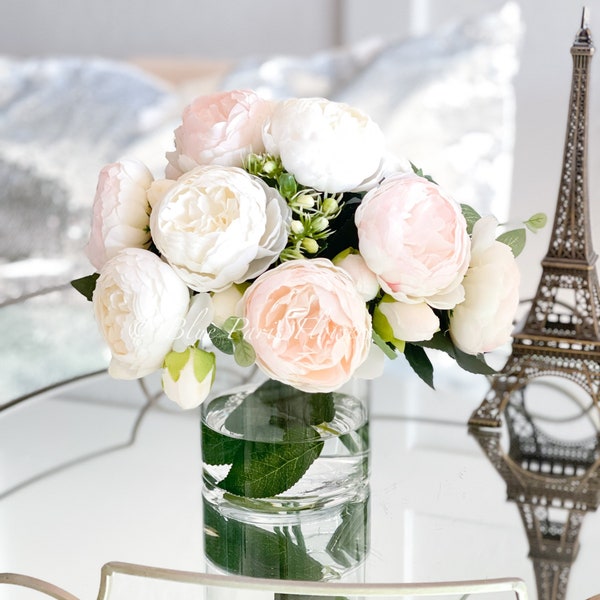 White and Baby Pink Rose Peony Arrangement, Artificial Faux Centerpiece, Faux Florals, Silk Flowers in Glass Vase by Blue Paris