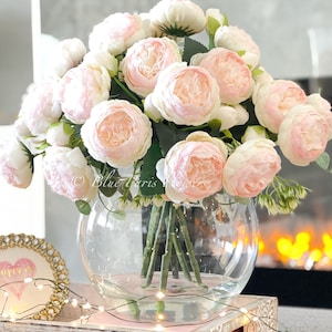 Light Pink Rose Peony Arrangement: Faux Silk Flowers in Glass Vase