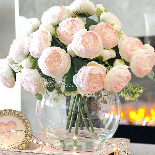Light Pink Rose Peony Arrangement: Faux Silk Flowers in Glass Vase