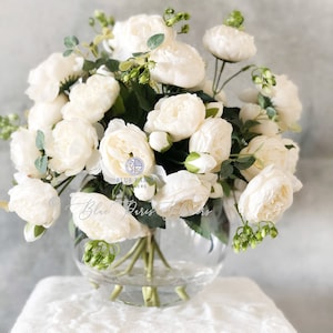 X-Large White Rose Peony Arrangement, Artificial Faux Centerpiece, Silk Flowers in Glass Vase for Home Decor