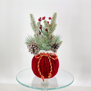 Christmas Holiday Red Berries, Pinecone Arrangement-Christmas Artificial Faux Centerpiece-Fake Flower Red Velvet Centerpiece-Christmas Decor