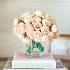 Blush 54 Smaller Head Peonies, Centerpiece, Faux Flower Arrangement | French Country | Arrangement in Clear Glass Vase | Modern Style