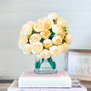 Yellow 54 Smaller Head Peonies, Centerpiece, Faux Flower Arrangement | French Country | Arrangement in Clear Glass Vase | Modern Style