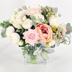 Light Pink & White Roses, Peonies, Real Touch, Silk Flowers Blush Peonies, Faux Flower Arrangement Table Centerpiece French Country Floral