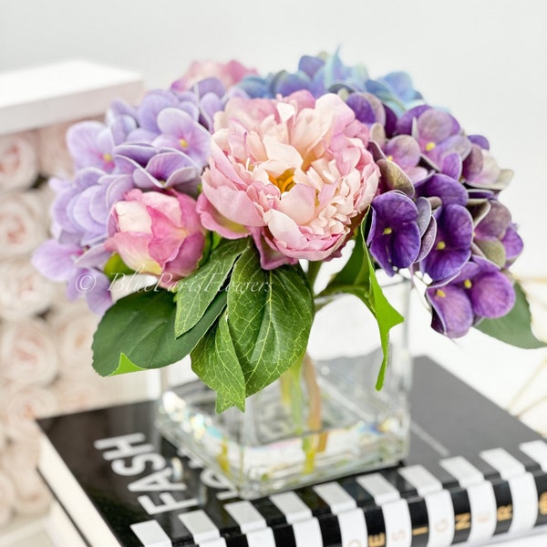 Lavender Purple Blue Peonies and Realistic Touch Hydrangeas Arrangement Artificial Faux Centerpiece, Soft Touch Floral Flowers in Vase Decor