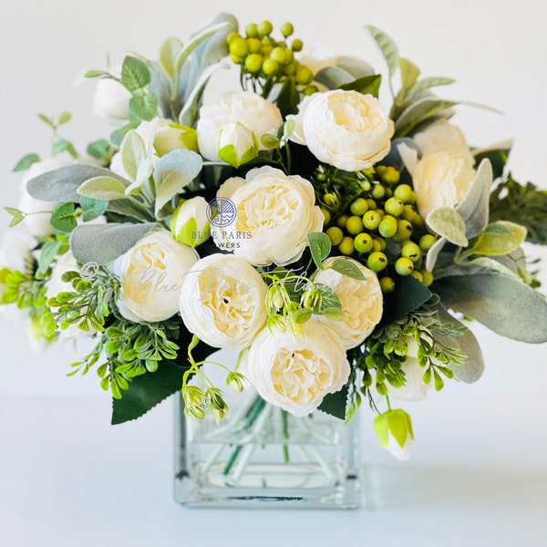 Large White Rose Peony, Berries with Greenery Arrangement, Artificial Faux Centerpiece, French Silk Floral Flowers Glass Vase for Home Decor