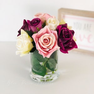 Pink and Burgundy White Arrangement Artificial Faux Flowers in Glass Vase, Acrylic Water, Floral Centerpiece