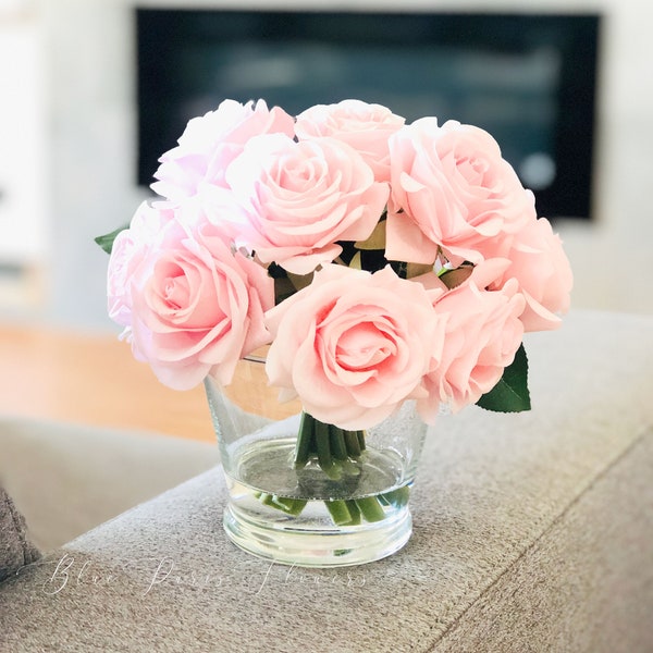 Light Pink Rose Arrangement: French Country Faux Flowers in Glass Vase