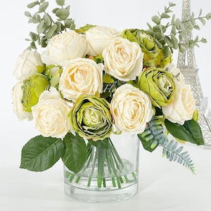 Cream & Green Rose Faux Floral Centerpiece in Glass Vase
