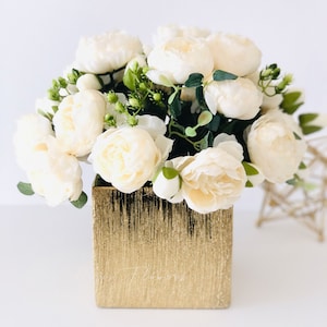 Faux White Rose Peony Arrangement: Floral Centerpiece in Gold Vase