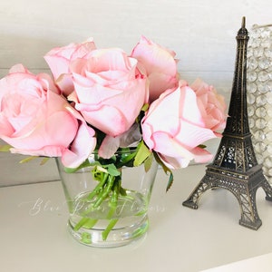 Light Pink Rose Arrangement Silk Touch | French Country | Centerpiece | Artificial Faux Forever Flowers in Glass Vase