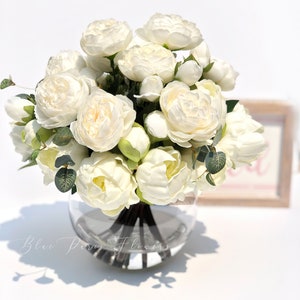 White Peony Arrangement, Artificial Faux Centerpiece, Silk Flowers in Glass Vase Home Decor
