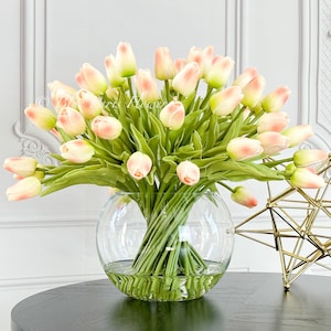 X-Large 60 Peach Tulips | Modern Faux Floral Arrangement | Real Touch Artificial Faux Forever Flowers in Glass Vase, Faux Flowers in Vase