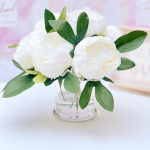 White Peony & Rose Arrangement: Faux Floral Centerpiece in Glass Vase