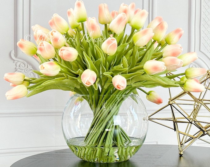 Featured listing image: X-Large 60 Peach Tulips | Modern Faux Floral Arrangement | Real Touch Artificial Faux Forever Flowers in Glass Vase, Faux Flowers in Vase