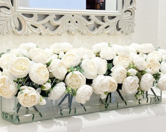 Modern Long White or Pink Rose Peony Arrangement Artificial Faux Centerpiece Floral Flower Arrangement Silk Flowers Glass Vase French Decor