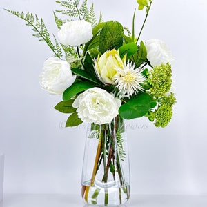 White Silk Peony Arrangement: French Floral Centerpiece in Glass Vase
