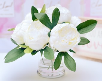 White Peony Arrangement, Artificial Faux Table Centerpiece, Wedding Faux Florals, Rose Silk Flowers Arrangement in Glass Vase by Blue Paris