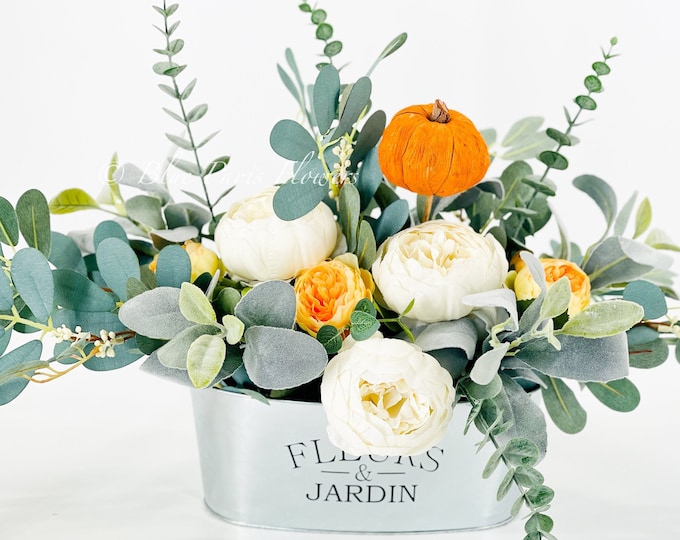 Fall or Thanksgiving Arrangement, White Peonies Pumpkins in Vase Floral Decor Centerpiece, Faux Florals Artificial Flowers Silk Floral Decor