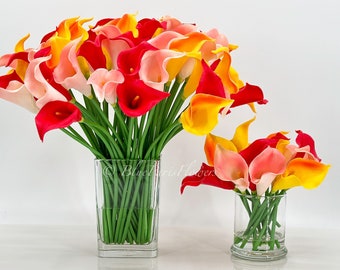 60 Red/Orange/Pink Real Touch Calla Lillies Arrangement Artificial Faux Centerpiece Elegant Faux Floral Flowers in Glass Vase for Home Decor