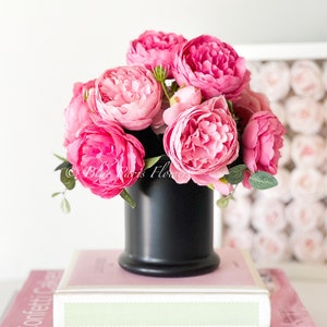 Pink Rose & Peony Faux Floral Arrangement in Black Vase
