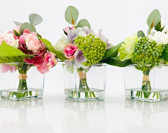 Pink Green Lavender Floral Arrangement, Artificial Faux Centerpiece Silk Flowers in Glass Vase for Home Decor, High-Quality Floral, Weddings