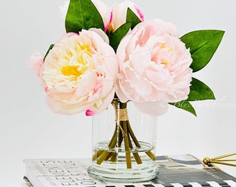 Light Pink Peony Arrangement: Faux Floral Centerpiece in Glass Vase