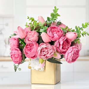 Pink Peony Tulip Arrangement Gold Vase Artificial Faux Table Centerpiece, Faux Florals, Silk Flowers Arrangement with Eucalyptus, Blue Paris