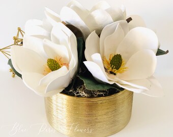 Real Touch Lujoso Blanco Magnolia Arrangement-Real Touch-Artificial Faux Centerpiece-Fake Flower Centerpiece-Home Decor