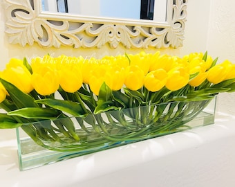 Modern Long Yellow REAL TOUCH Tulip Arrangement Artificial Faux Centerpiece Floral Flower Arrangement Silk Flowers Glass Vase French Decor