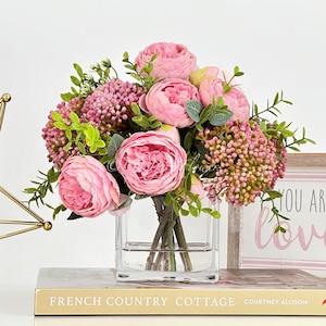 Pink Peonies and Green/Pink Real Touch Rose, Berries, Arrangement Artificial Faux Centerpiece, French Floral Flowers in Vase Home Decor