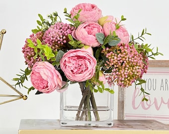 Pink Peonies and Green/Pink Real Touch Rose, Berries, Arrangement Artificial Faux Centerpiece, French Floral Flowers in Vase Home Decor