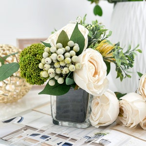 Ivory/White Rose Arrangement Silk Floral | French Country Centerpiece, Artificial Faux Forever Flowers in Vase for Home Wedding Decor