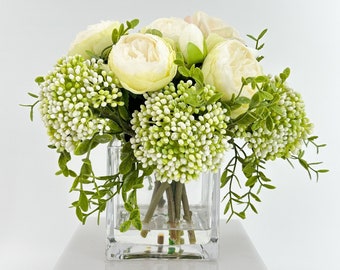 Künstliche Pfingstrose & Rosenarrangement: Französischer Blumenschmuck in Glasvase