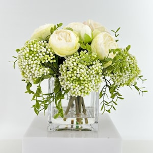 Green Ombre Peonies and Blush Real Touch Rose, Berries, Arrangement Artificial Faux Centerpiece, French Floral Flowers in Vase Home Decor