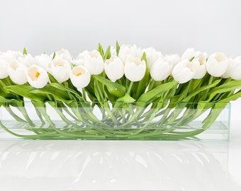 Modern Long White REAL TOUCH Tulip Arrangement Artificial Faux Centerpiece Floral Flower Arrangement Silk Flowers Glass Vase French Decor